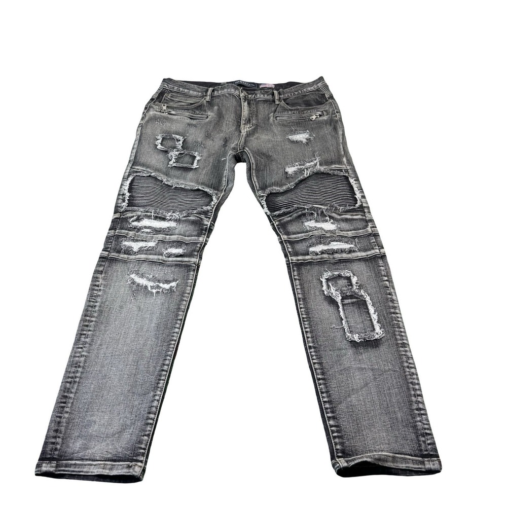 Damati Black Distressed Zipper Fly Mens Streetwear Jeans Size 38x32 Patchwork
